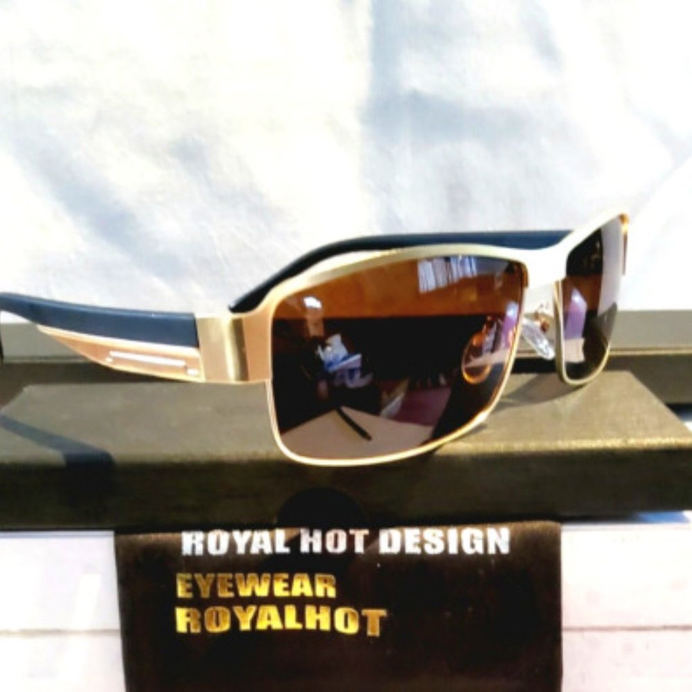 Unisex Polarized Sunglasses Gold Metal Finish 100%UV Rectangle Amber Lens 61mm